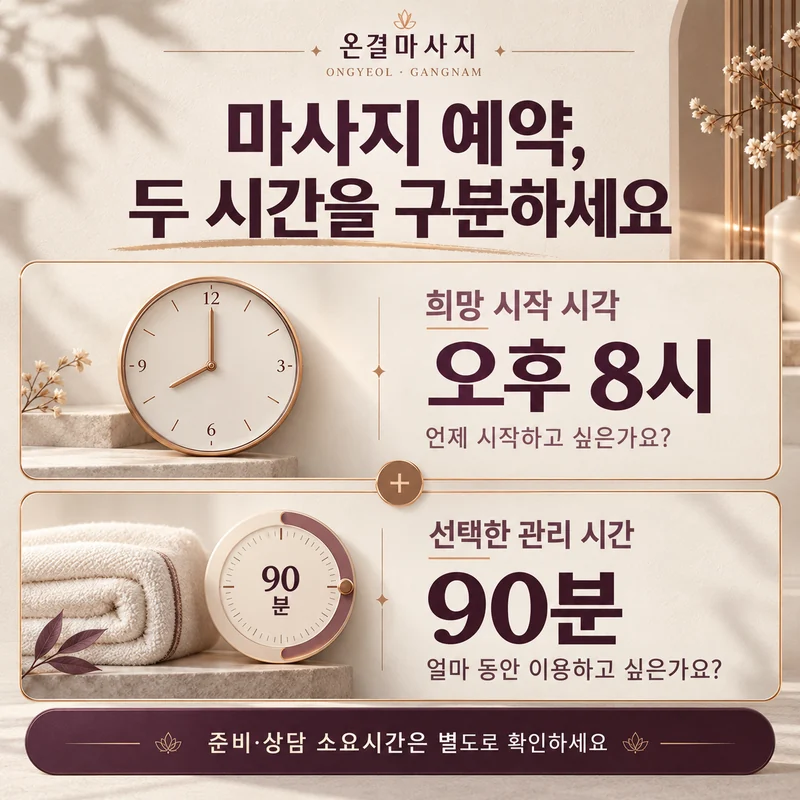 희망 시작 시각 오후 8시와 선택한 관리 시간 90분을 나누어 전달하는 예시